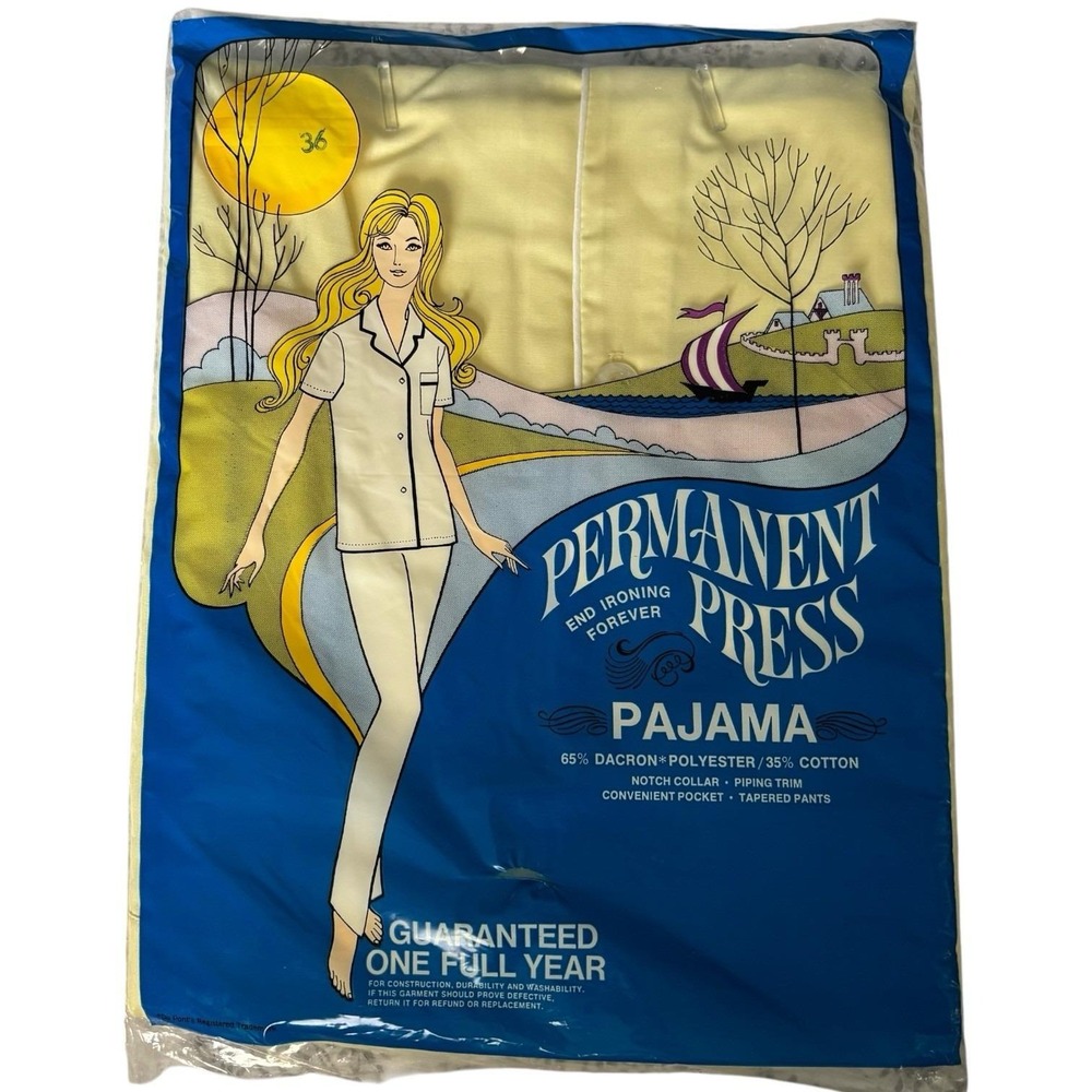 Vintage Permanent Press Summer Pajama Set Short Sleeves‎ Yellow Dacron New sz S